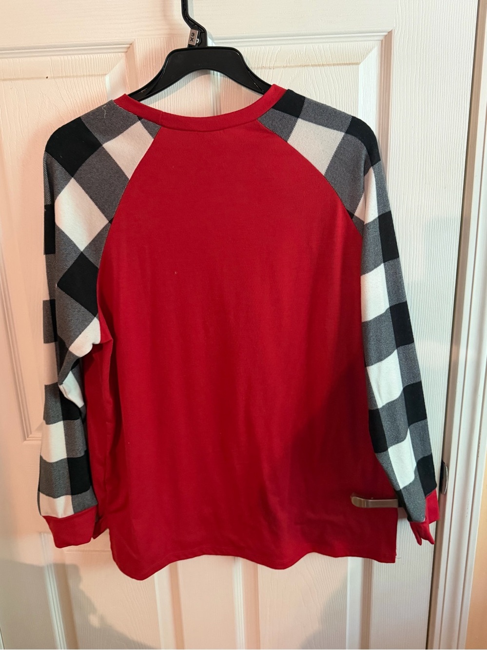 Red Womens Long-Sleeve Sweater with Black & White Buffalo Check Sleeves